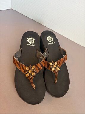Yellow Box Brown Animal Print Jeweled Thong Sandals